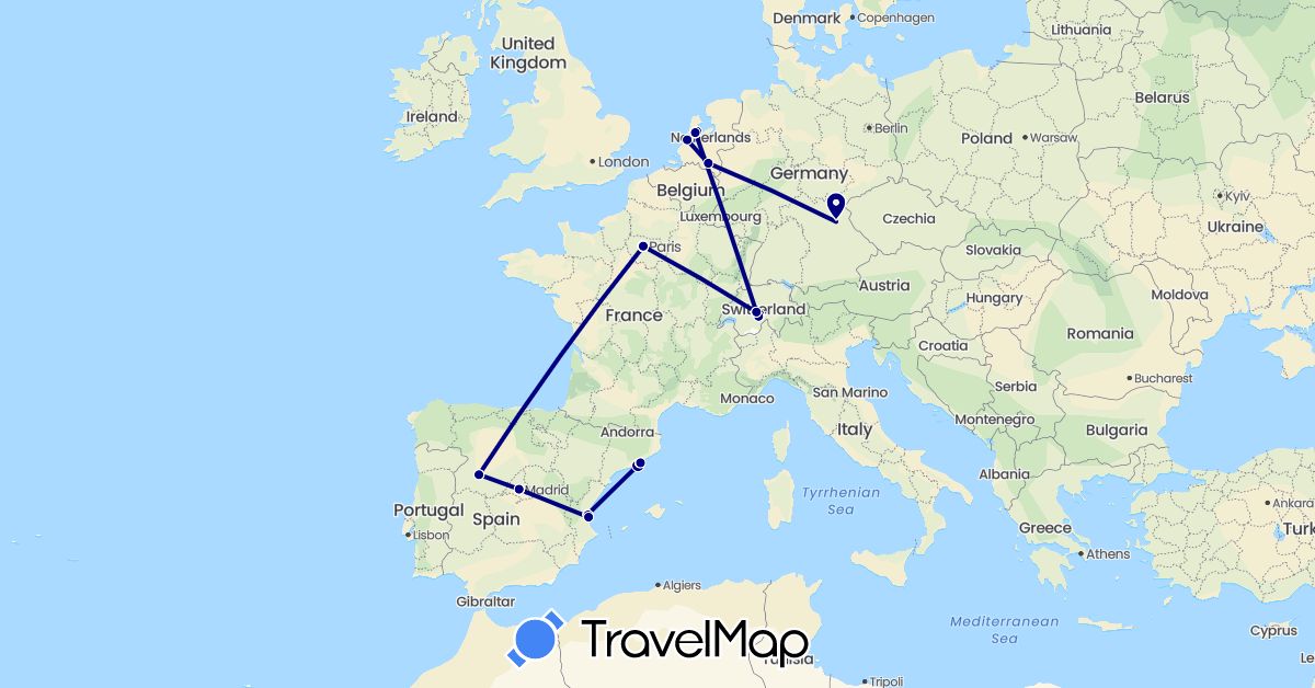 TravelMap itinerary: driving in Switzerland, Germany, Spain, France, Netherlands (Europe)